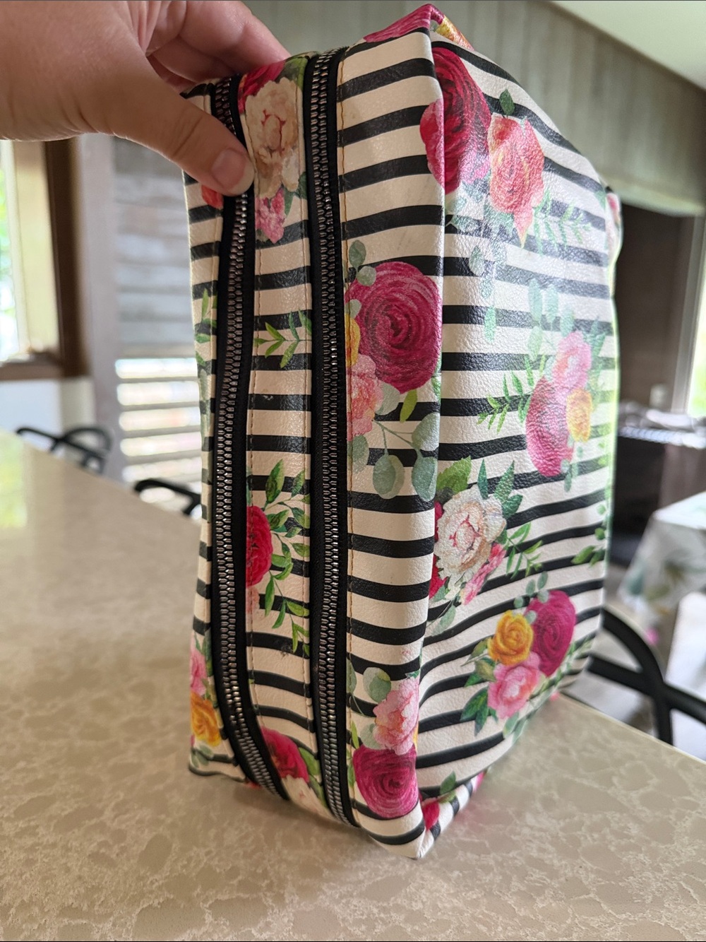 Betsey Johnson Black & White Striped Floral Wristlet Cosmetic Pouch - Picture 6 of 7